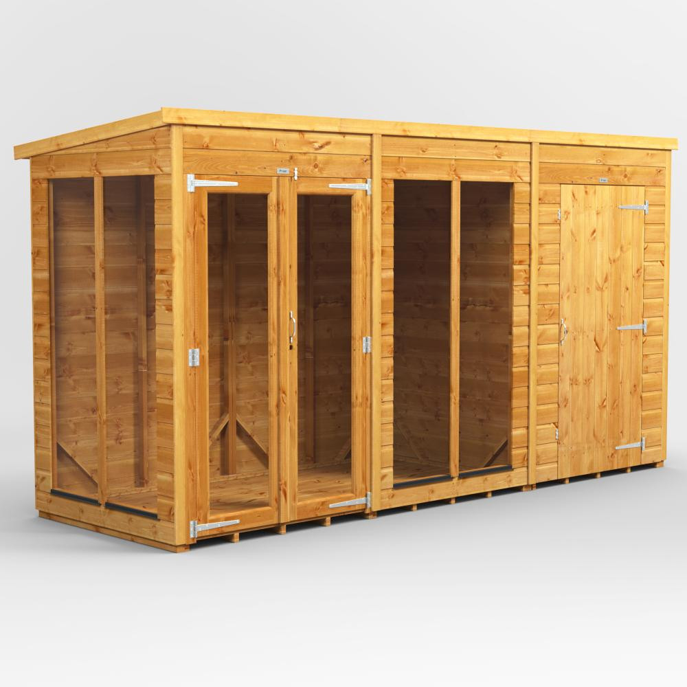 Photograph of 12x4 Power Pent with 4' Side Store Combi 6 x Windows Golden Brown with 4' Side Store