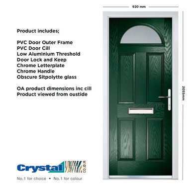 Further photograph of Crystal Composite Door Four square Sunburst Dark Green Left Hand 150mm Cill Included 920mm x 2055mm Obscure Glass Glazing