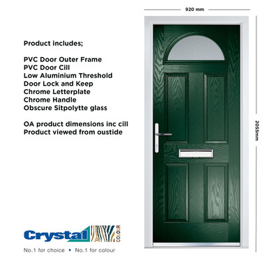 Further photograph of Crystal Composite Door Four square Sunburst Dark Green Right Hand 150mm Cill Included 920mm x 2055mm Obscure Glass Glazing