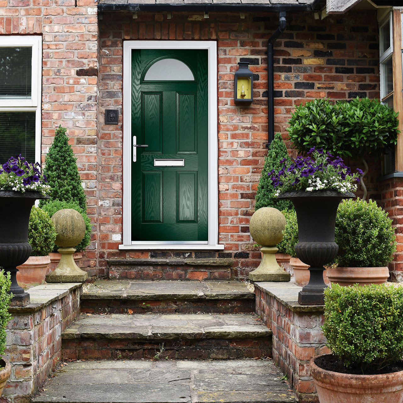 Photograph of Crystal Composite Door Four square Sunburst Dark Green Right Hand 150mm Cill Included 920mm x 2055mm Obscure Glass Glazing