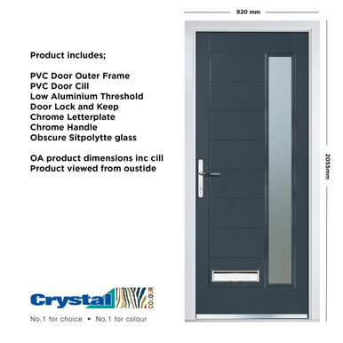 Further photograph of Crystal Composite Door Long Glass Anthracite Grey Right Hand 150mm Cill Included 920mm x 2055mm Obscure Glass Glazing