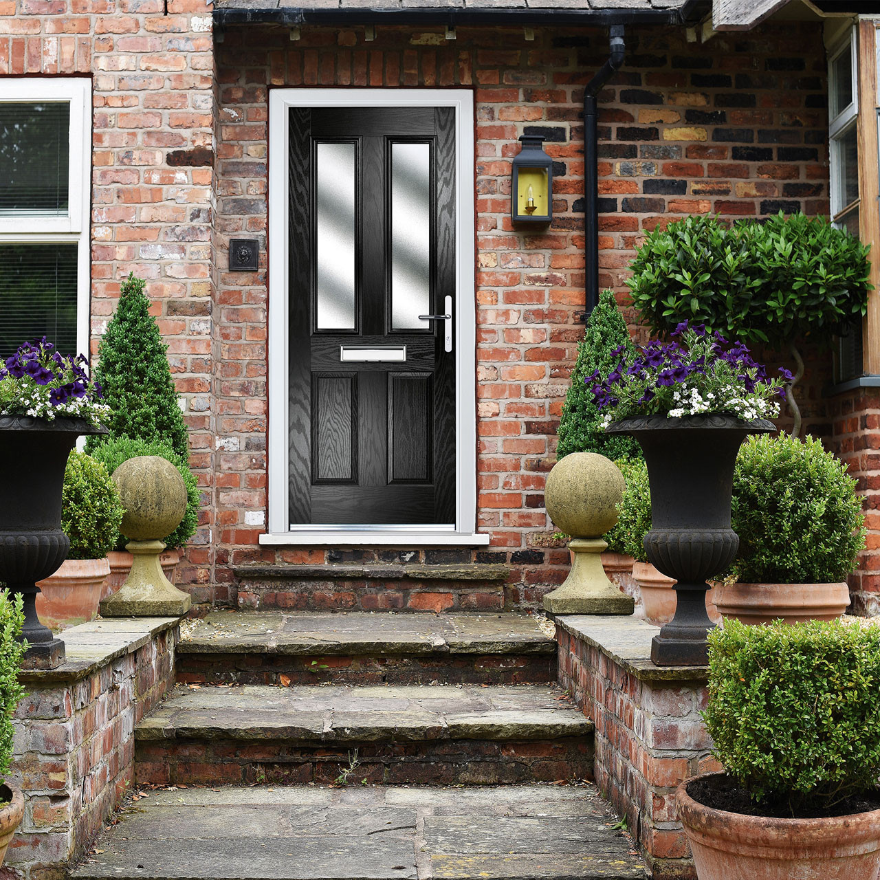 Photograph of Crystal Composite Door Four square Two Glass Black Left Hand 150mm Cill Included 920mm x 2055mm Obscure Glass Glazing