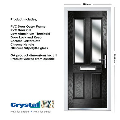 Further photograph of Crystal Composite Door Four square Two Glass Black Left Hand 150mm Cill Included 920mm x 2055mm Obscure Glass Glazing
