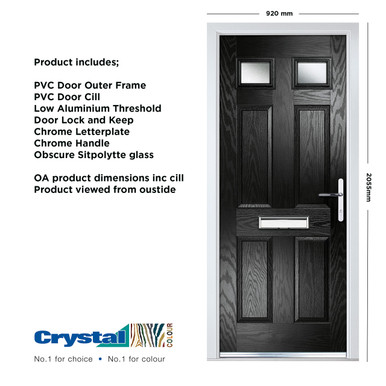 Further photograph of Crystal Composite Door Six Square Two Glass Black Left Hand 150mm Cill Included 920mm x 2055mm Obscure Glass Glazing