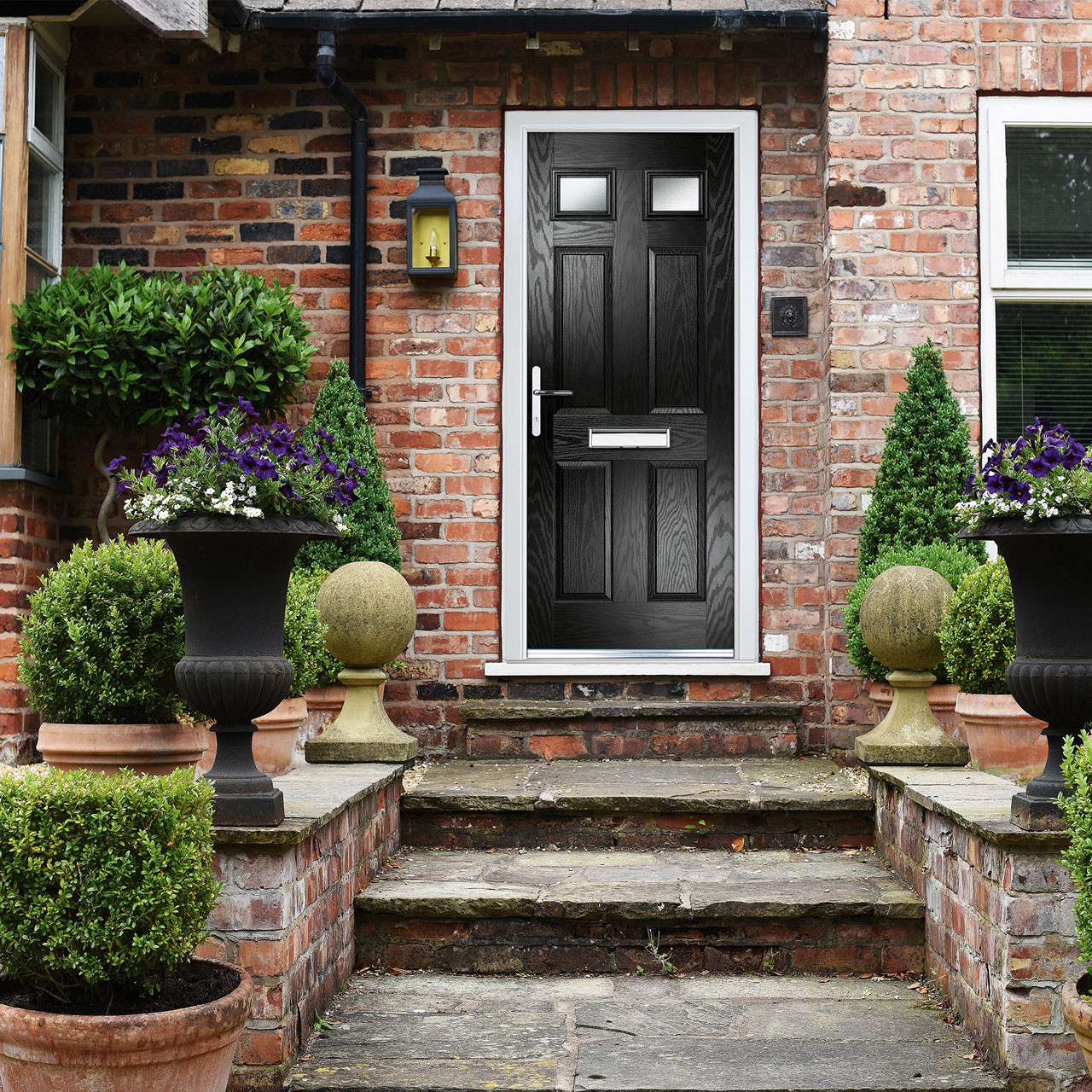 Photograph of Crystal Composite Door Six Square Two Glass Black Right Hand 150mm Cill Included 920mm x 2055mm Obscure Glass Glazing