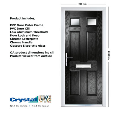 Further photograph of Crystal Composite Door Six Square Two Glass Black Right Hand 150mm Cill Included 920mm x 2055mm Obscure Glass Glazing
