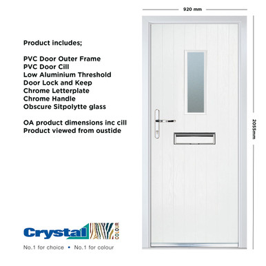 Further photograph of Crystal Composite Door Cottage Long Glass White Right Hand 150mm Cill Included 920mm x 2055mm Obscure Glass Glazing
