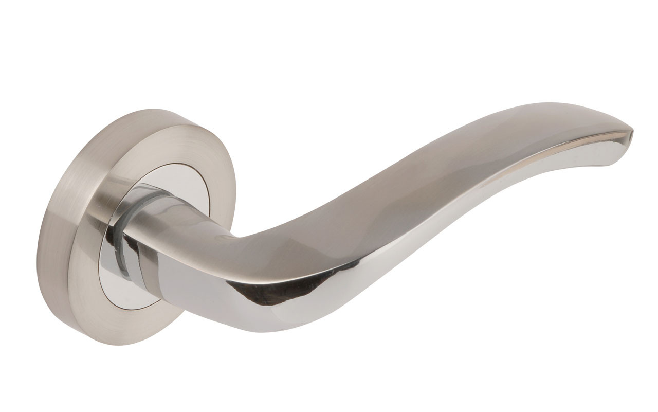 Photograph of Dale Satin Nickel Polished Chrome Arc Lever on round rose