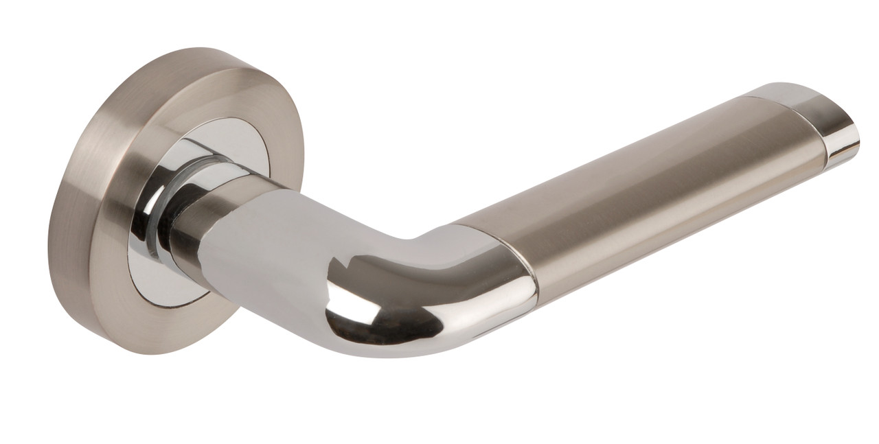 Photograph of Dale Satin Nickel Polished Chrome Argo Lever on round rose