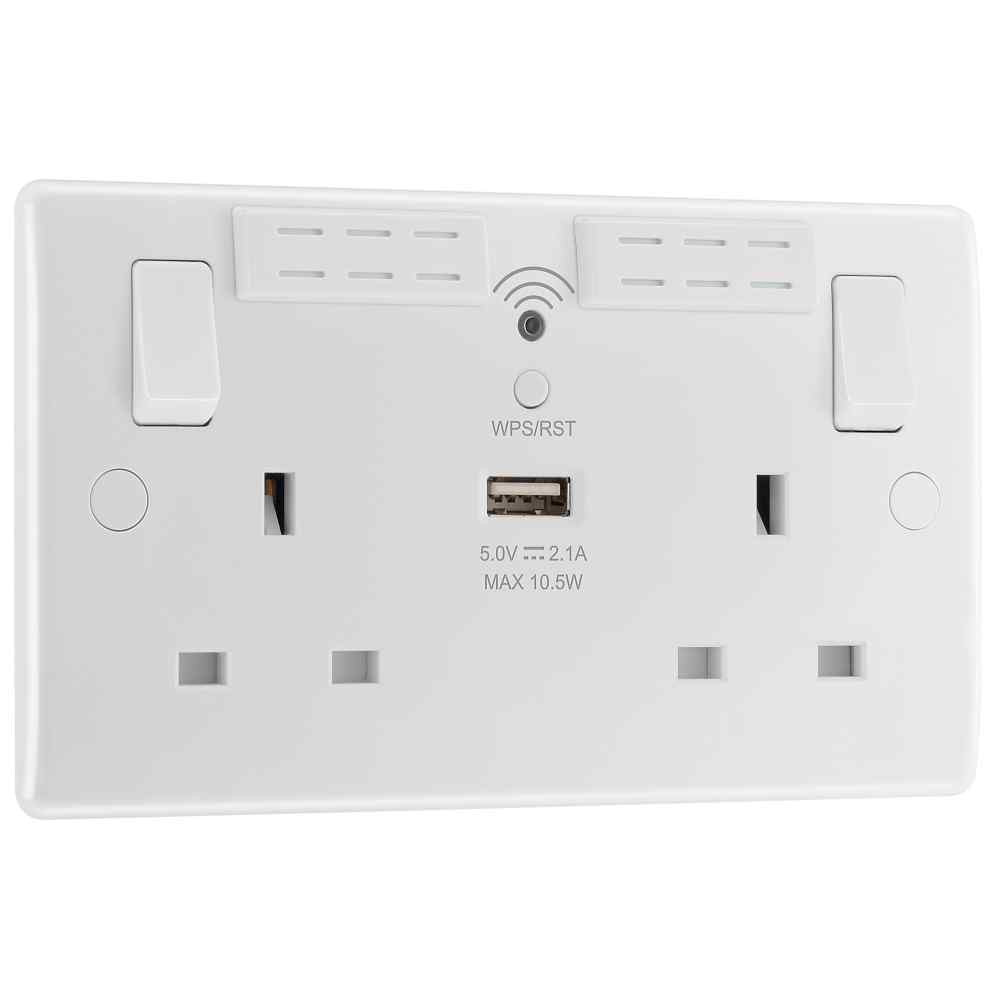 Photograph of Nexus White 13A 2 Gang Switched Socket with Wifi Extender & USB