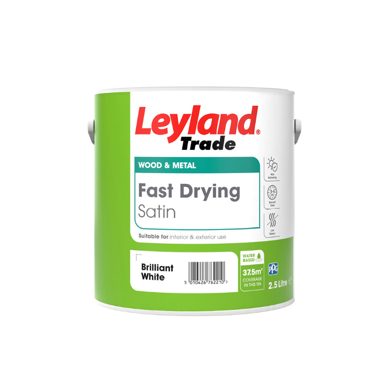 Photograph of Leyland Trade Coatings Fast Drying Satin, Brilliant White, Water Based, 2.5L