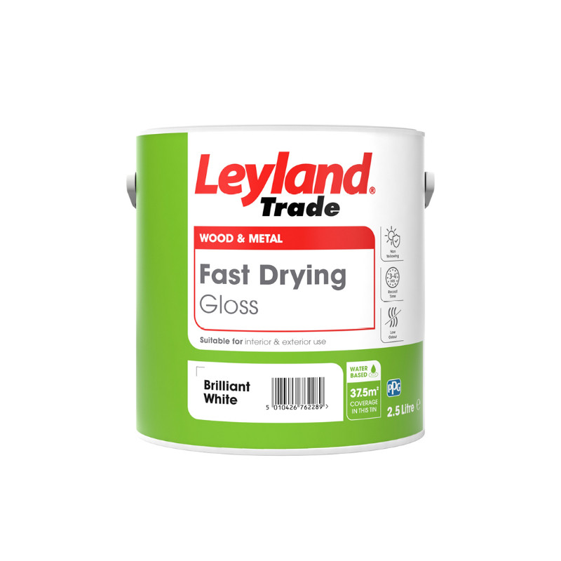 Photograph of Leyland Trade Fast Drying Water Based Gloss Brilliant White 750ml