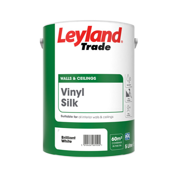 Photograph of Leyland Trade Coatings Vinyl Silk, Brilliant White, Silk Sheen, Water Based, 2.5L