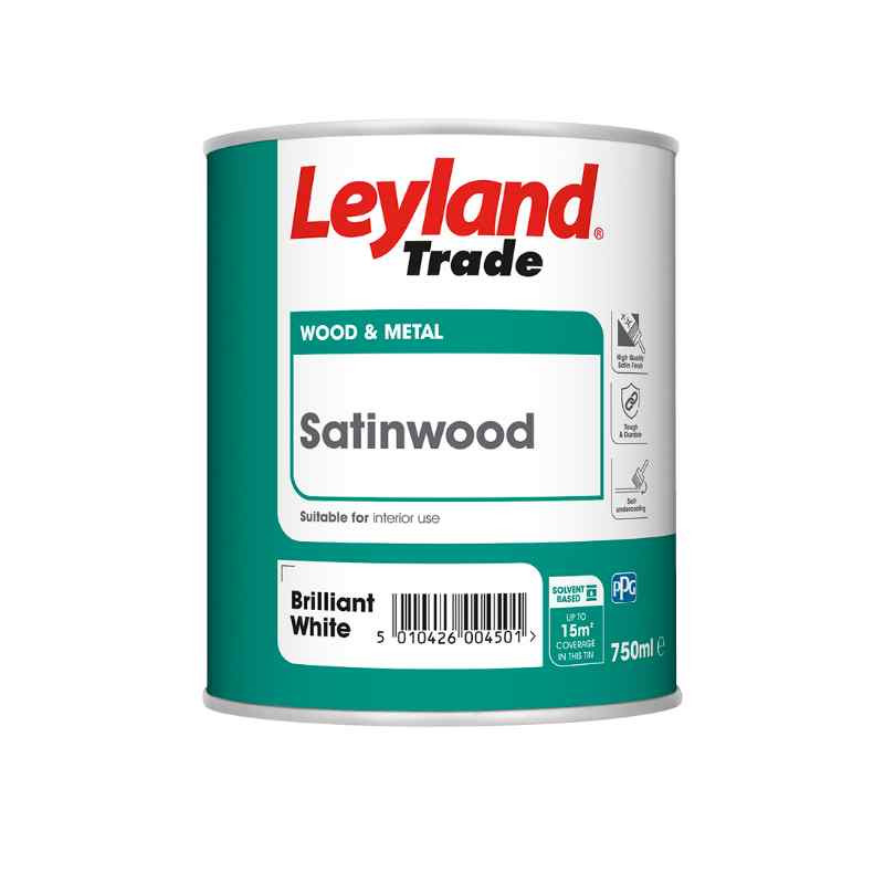 Photograph of Leyland Trade Coatings Satinwood Brilliant White 750ml, Solvent Based, 20 sq m/l Coverage Area