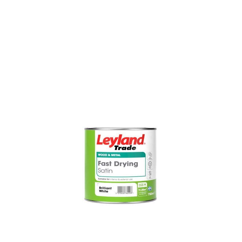 Photograph of Leyland Trade Fast Drying Water Based Satin Brilliant White 750ml