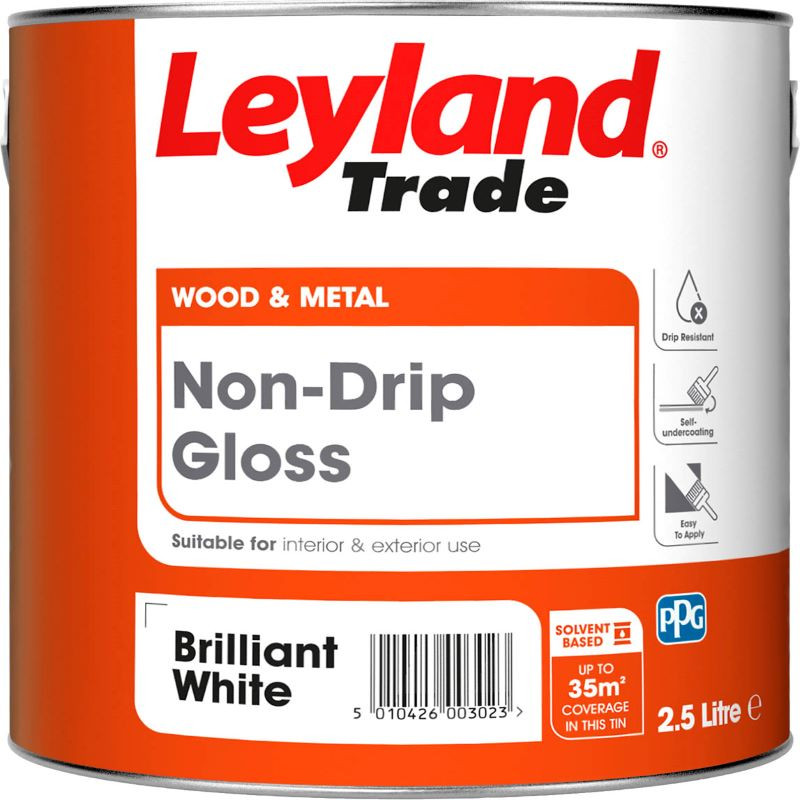 Photograph of Leyland Trade Coatings Non Drip Gloss, Brilliant White, High Gloss Finish, 2.5L