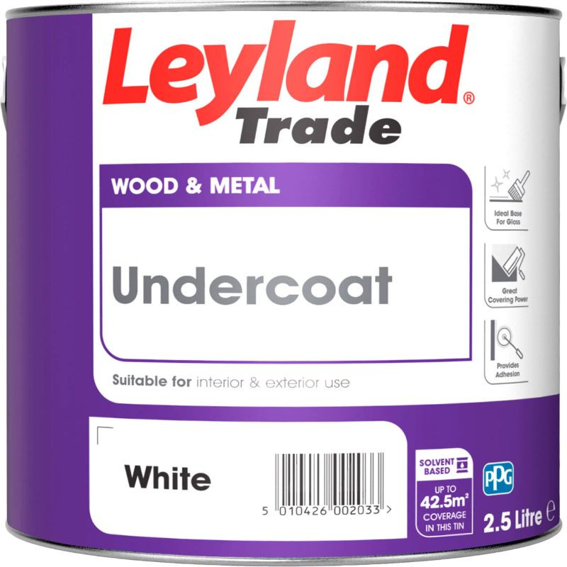 Photograph of Leyland Trade Undercoat Satin Matt, Alkyd Based, 2.5L Tin, 17 sq m/l