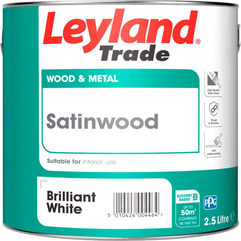 Photograph of Leyland Trade Coatings Satinwood, Brilliant White, 2.5L, Solvent Based, 20 sq m/l