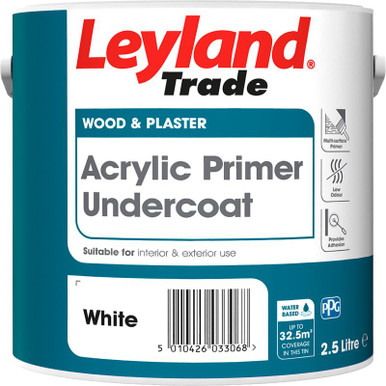 Leyland Trade White Acrylic Primer Undercoat, 2.5L, Water Based, 15 sq m/l