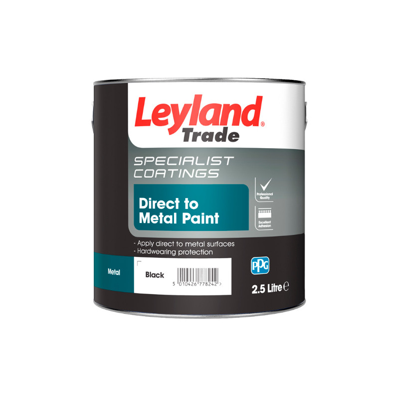 Photograph of Leyland Trade Coatings Direct to Metal Paint, Black, Semi Gloss, 2.5L, 10 sq m/l