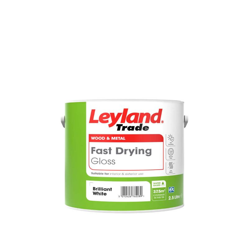 Photograph of Leyland Trade Fast Drying Water Based Gloss Brilliant White 2.5ltr