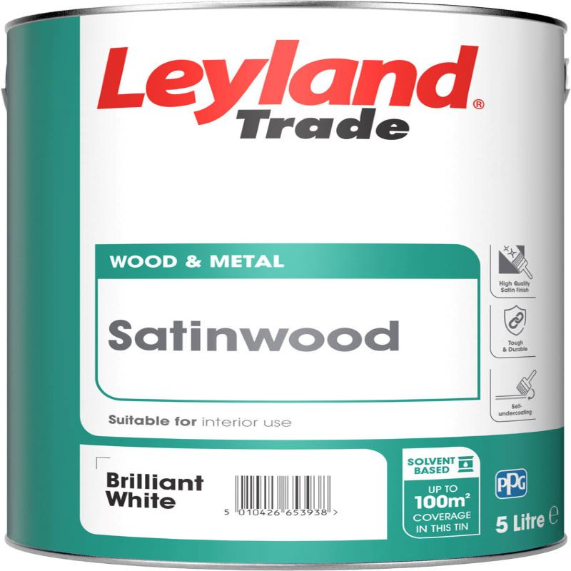 Photograph of Leyland Trade Satinwood Brilliant White 5ltr