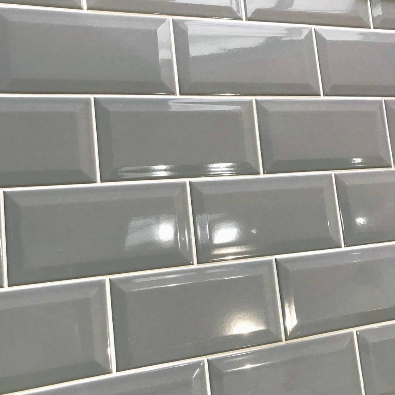 Photograph of Metro Grey Plata Gloss Bevelled Brick wall tile | 10x20cm ceramic