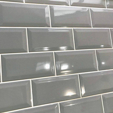 Metro Grey Plata Gloss Bevelled Brick wall tile | 10x20cm ceramic