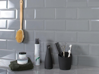 Further photograph of Metro Grey Plata Gloss Bevelled Brick wall tile | 10x20cm ceramic