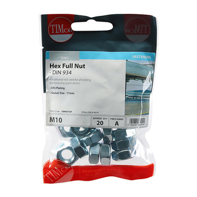 Further photograph of Hex Full Nuts M10 - Zinc