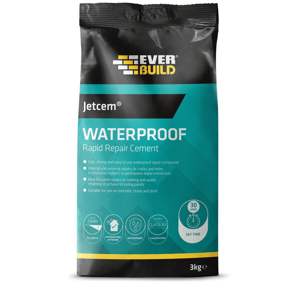 Photograph of EVERBUILD JETCEm WATERPROOF RAPID SET REPAIR CEmENT, Grey, 3kg