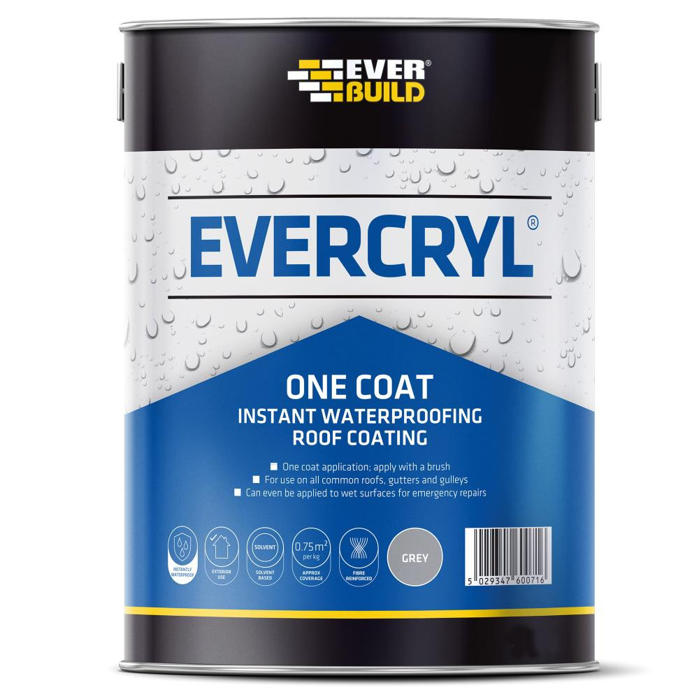 Photograph of Everbuild Evercryl One Coat Instant Waterproofing For Roofs, Gutters and Gulleys, Grey, 20 kg