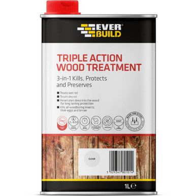Further photograph of Everbuild Triple Action (Kills, Protects and Preserves) Wood Treatment, Clear, 1 Litre