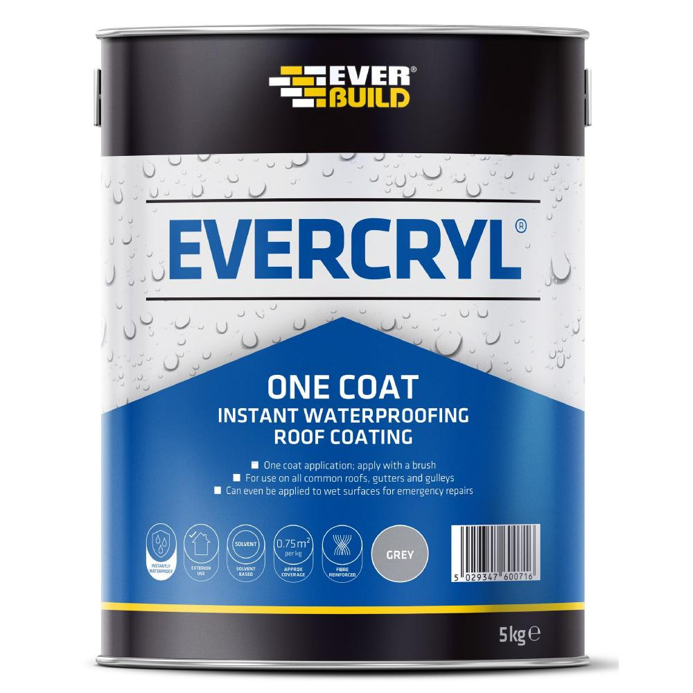 Photograph of Everbuild Evercryl One Coat Instant Waterproofing For Roofs, Gutters and Gulleys, Grey, 5 kg