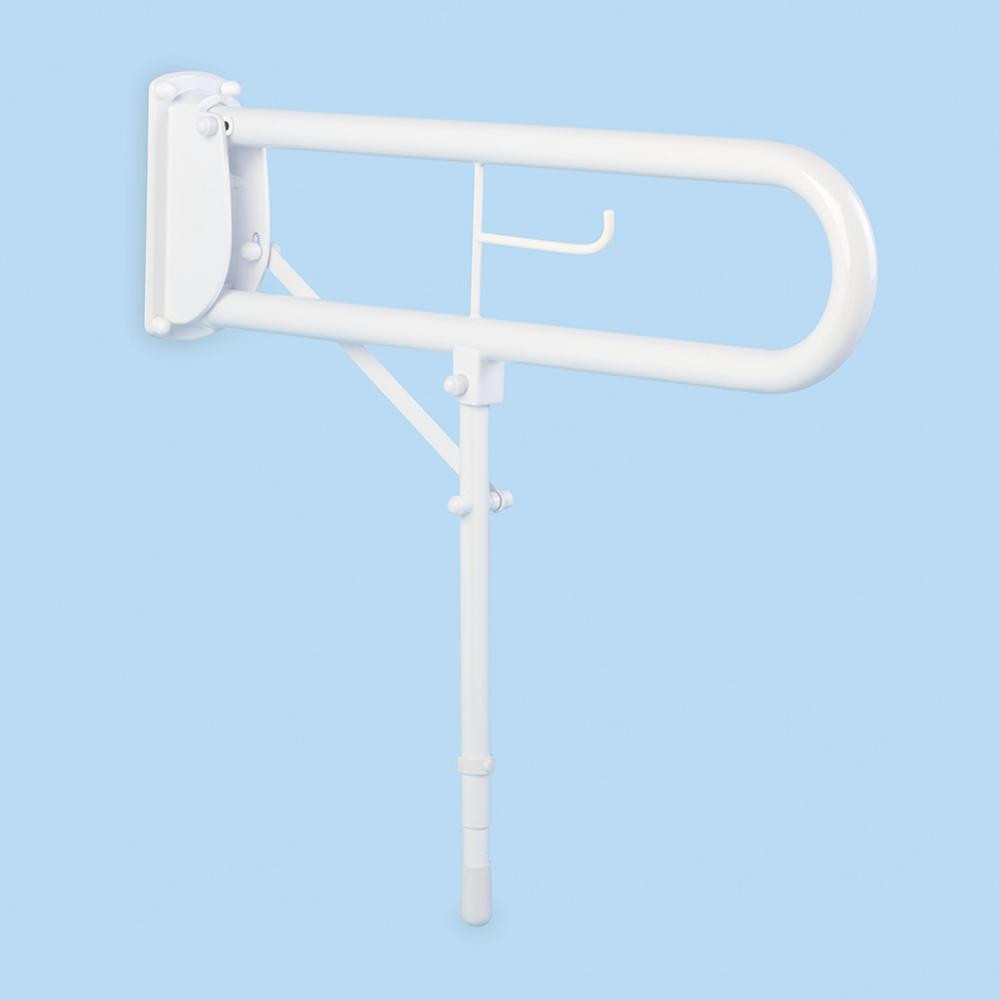 Photograph of Double Arm Hinged Support Rail with Drop Down Leg & Toilet Roll Holder Mild Steel White