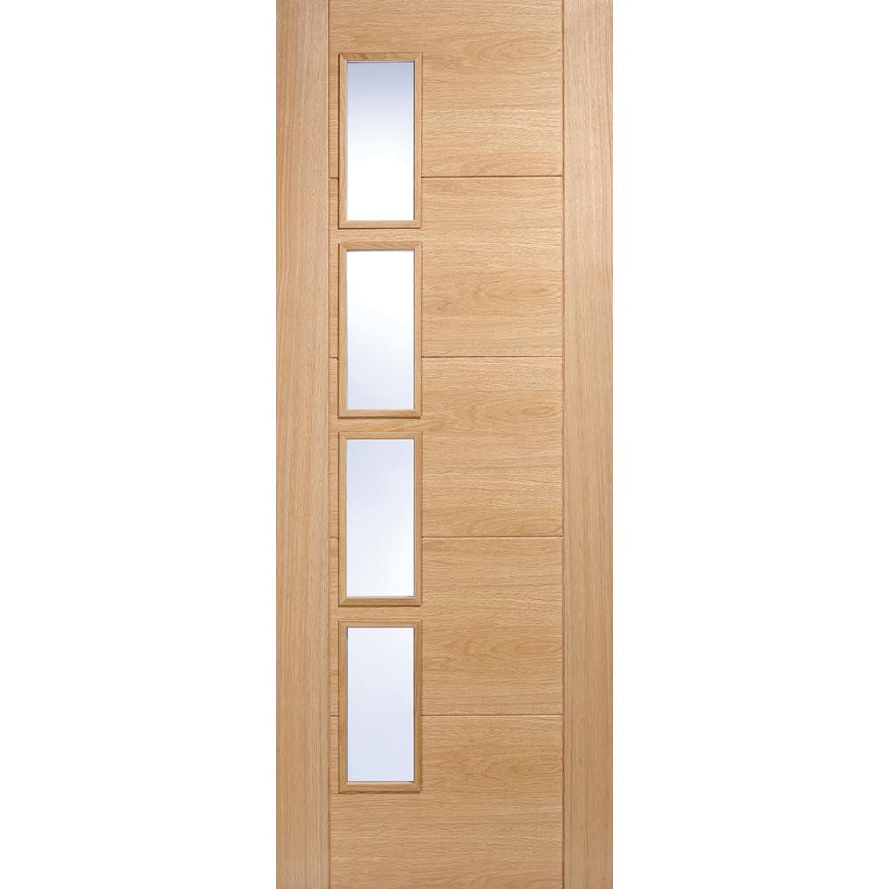 Photograph of Vancouver Oak Prefinished 5 Panel and Offset 4 Light Clear Glass Glazed Internal Door 2040mm x 826mm x 40mm