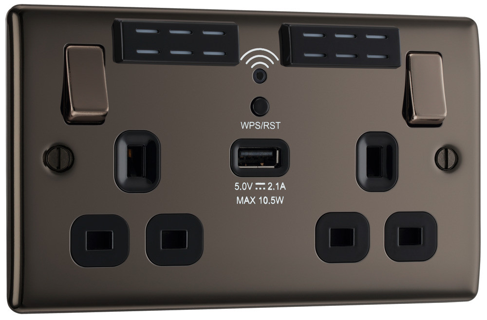 Photograph of BLACK NICKEL 13A 2GANG SWITCHED SOCKET+WIFI+USB (2.1A)