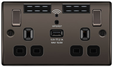 BLACK NICKEL 13A 2GANG SWITCHED SOCKET+WIFI+USB (2.1A)