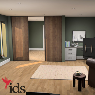Interior Door Systems: Timeless 3-Door Sliding Wardrobe Door Kit, Destressed Bronze Frame with Vintage Sanata Fe Oak, Silver Mirror, Vintage Santa Fe Oak Panels, 2260mm x 2592mm product image