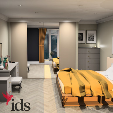 Interior Door Systems: Timeless 4-Door Sliding Wardrobe Door Kit, Cashmere Frame with Cashmere, Silver Mirror, Silver Mirror, Cashmere Panels, 2260mm x 2978mm product image