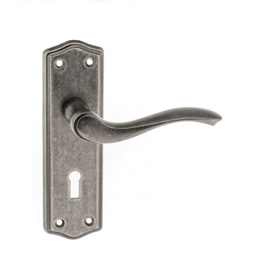 Old English Warwick Key Door Handle On Backplate, Distressed Silver product image