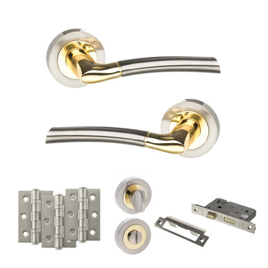 Indiana Door Handle Pack With 3-inch Ce Bath Lock And 3-inch Fire Hinges x3, Satin Nickel/polished Brass product image
