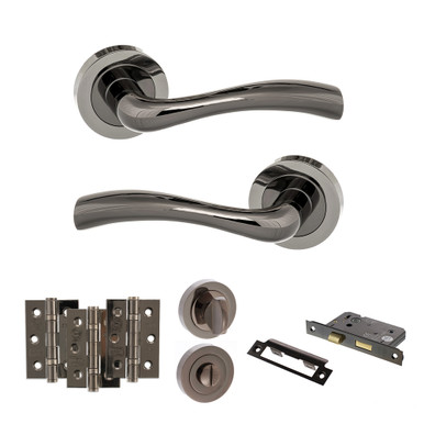 Status Texas Door Handle Pack, Bathroom Set With 3" Bathroom Lock And 3" Fire Rated Hinges x3, Black Nickel product image