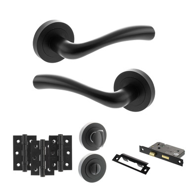 Status Texas Door Handle Pack, Bathroom Set With 3" Bathroom Lock And 3" Fire Rated Hinges x3, Matt Black product image