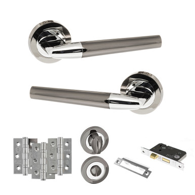 Tennessee Door Handle Pack With 3-Inch Ce Bath Lock And 3-Inch Fire Hinges x3, Brushed Nickel/Polished Chrome product image
