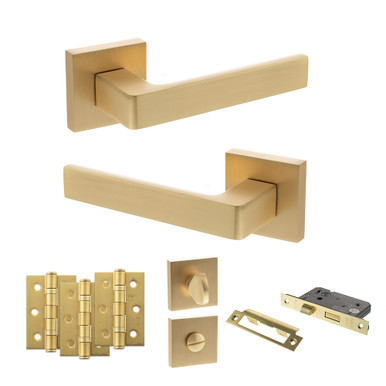 Status Montana Door Handle Pack, Bathroom Set With 3" Bathroom Lock And 3" Fire Rated Hinges x3, Satin Brass product image