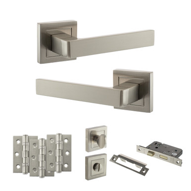 Montana Door Handle Pack With 3-inch Ce Bath Lock And 3-inch Fire Hinges X3, Satin Nickel product image