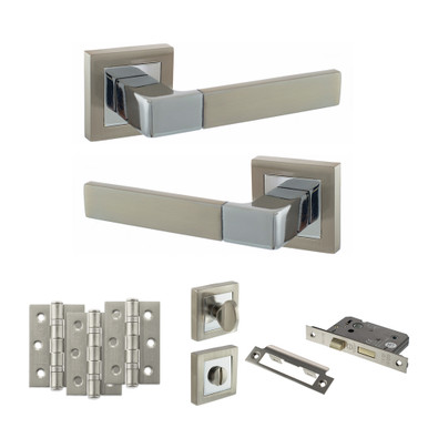 Montana Door Handle Pack With 3" Ce Bath Lock And 3" Fire Hinges x3, Sn/Pc product image