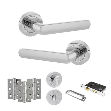 Status Carolina Door Handle Pack, Bathroom Set With 3" Bathroom Lock And 3" Fire Rated Hinges x3, Polished Chrome product image