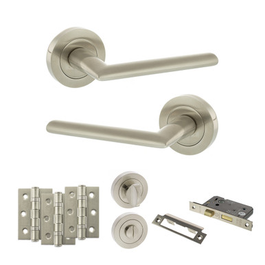 Alabama Door Handle Pack With 3" Ce Bath Lock And 3" Fire Hinges x3, Satin Nickel product image